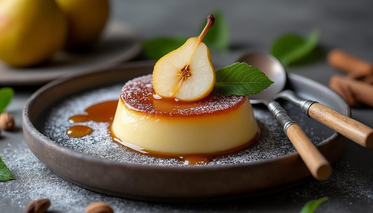 savourez le flan poires et cardamome 100% végétal de john silver, une délicieuse gourmandise artisanale à découvrir à marseille.