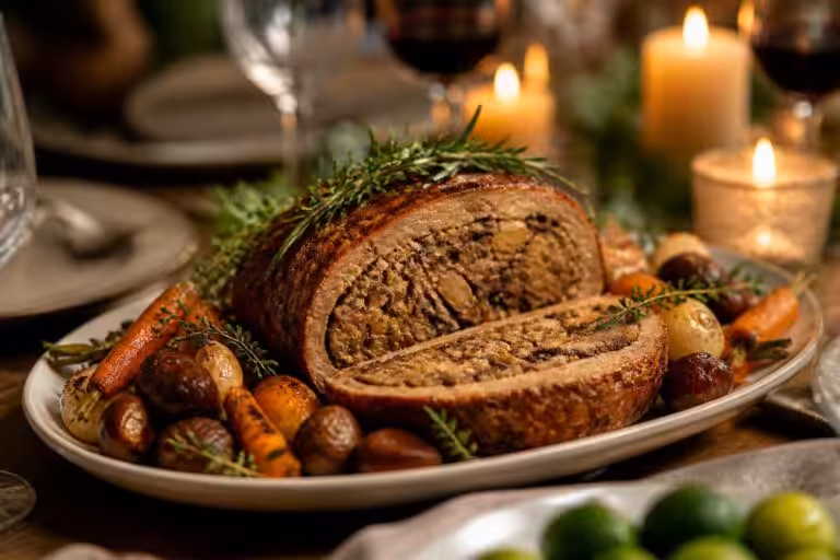 découvrez notre recette festive de rôti de seitan farci aux marrons, une spécialité végane savoureuse et idéale pour vos repas de fête.