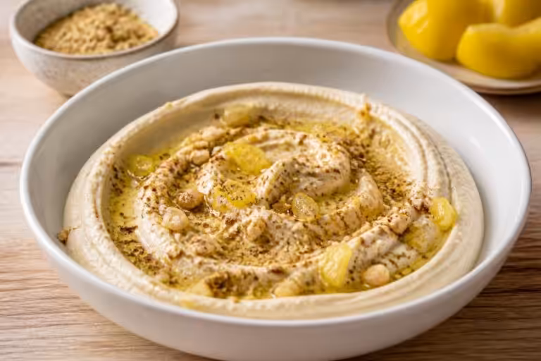 découvrez la recette originale du houmous au citron confit et dukkah, une délicieuse combinaison de saveurs méditerranéennes pour un apéritif savoureux et facile à préparer.