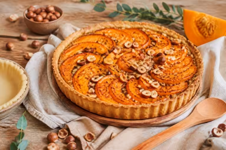 découvrez la recette végane de la tarte au potimarron et aux noisettes, savoureuse et facile à préparer pour un dessert ou un goûter gourmand et sain.